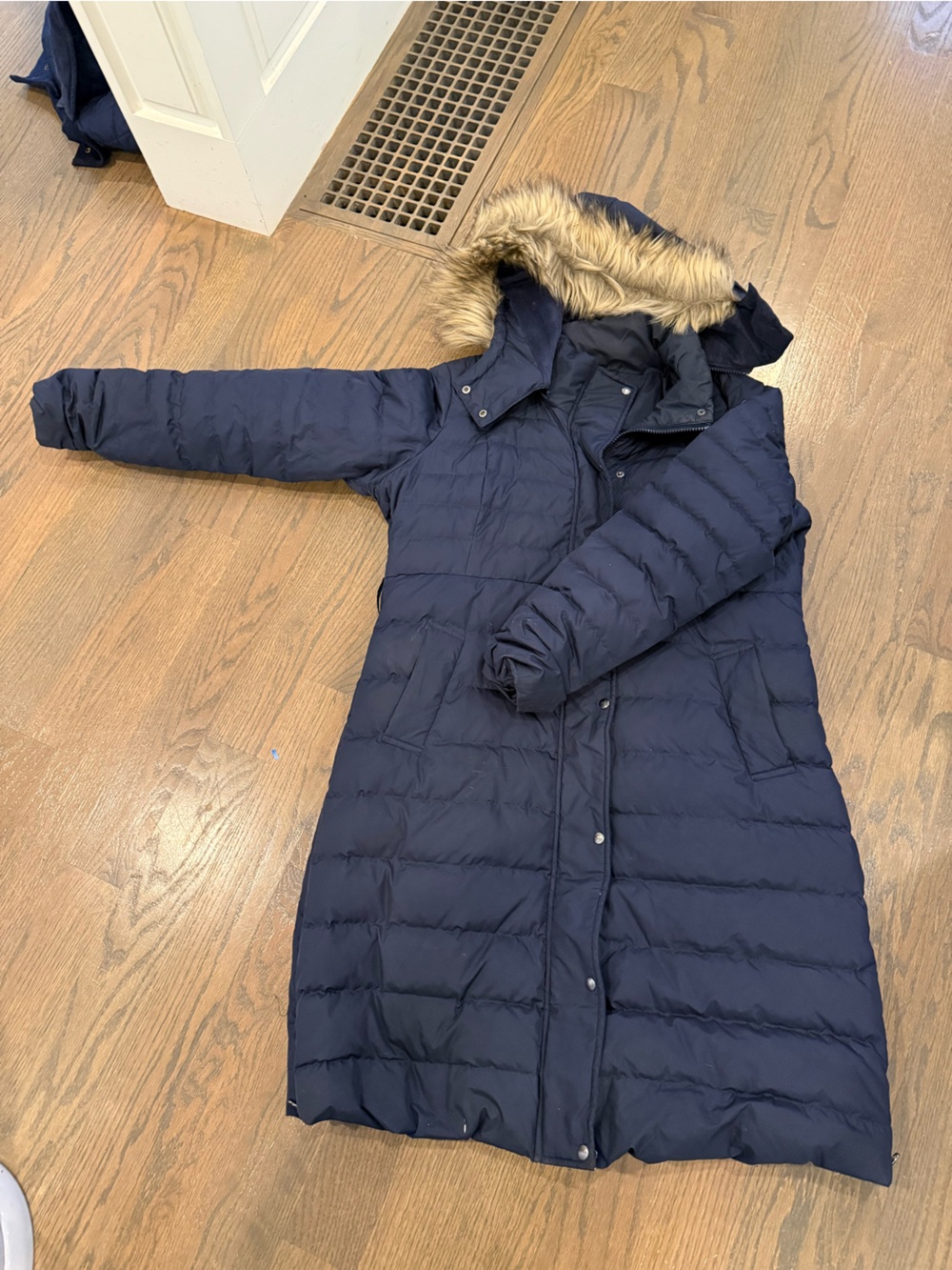 Seraphine Navy Long Quilted Puffer Coat with Faux Fur Hood